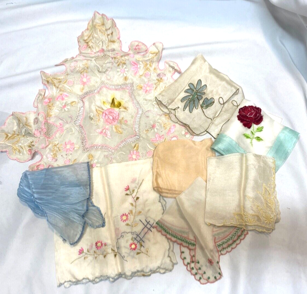 Lot of 8 Antique Silk Handkerchiefs Ornate
